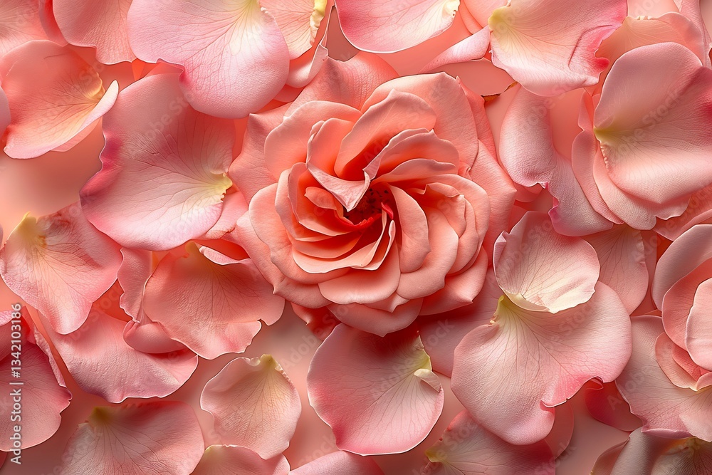 Fototapeta premium Rose petal motif rendered soft pastel pink and crimson tones delivering an airy and sophisticated design for packaging or textiles