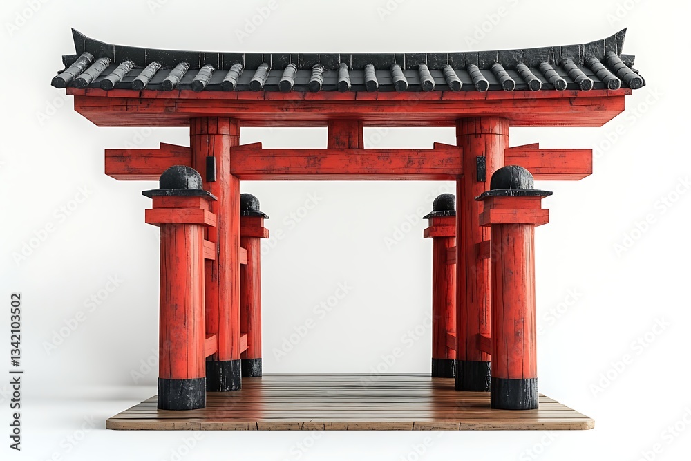 3D Render of Traditional Japanese Torii Gate on Wooden Platform