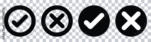 Tick and Cross icon in black and white in circle shape. 