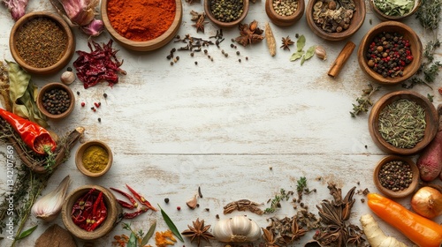 Wallpaper Mural Colorful veggies, spices, and herbs are scattered on a white wooden table.  Plenty of room for writing.
 Torontodigital.ca