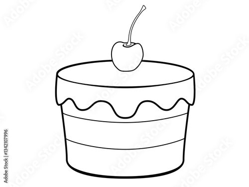 Sponge cake with cherry. Cherry muffin covered with ice. Cupcake with icing and cherry - stock illustration for coloring. Outline