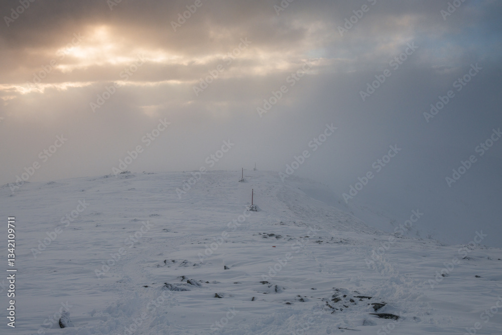 Babia Góra at sunset, covered in winter snow. A stunning mountain landscape in Babia Góra National Park, Poland. Golden light contrasts with icy peaks, creating a breathtaking view for nature and trav