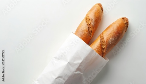 Fresh crispy baguettes in white paper bag mockup. Baked brown crusty loaf on white surface. Organic bakery products. Healthy snack, breakfast food with dietary fibre.