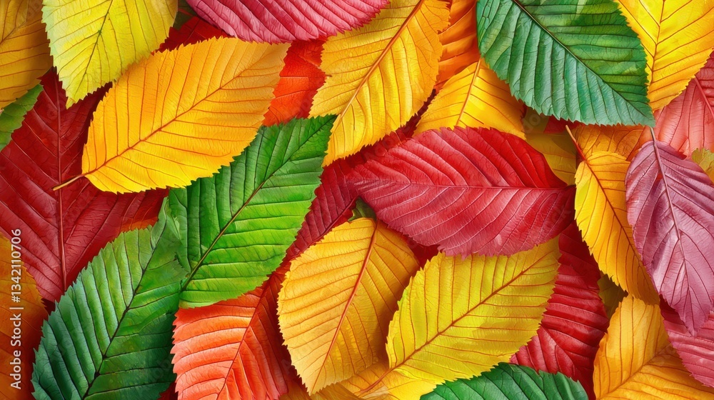 Fototapeta premium A Colorful autumn leaves create vibrant and warm atmosphere, showcasing shades of red, yellow, green, and orange. This natural display evokes feelings of change and beauty in nature