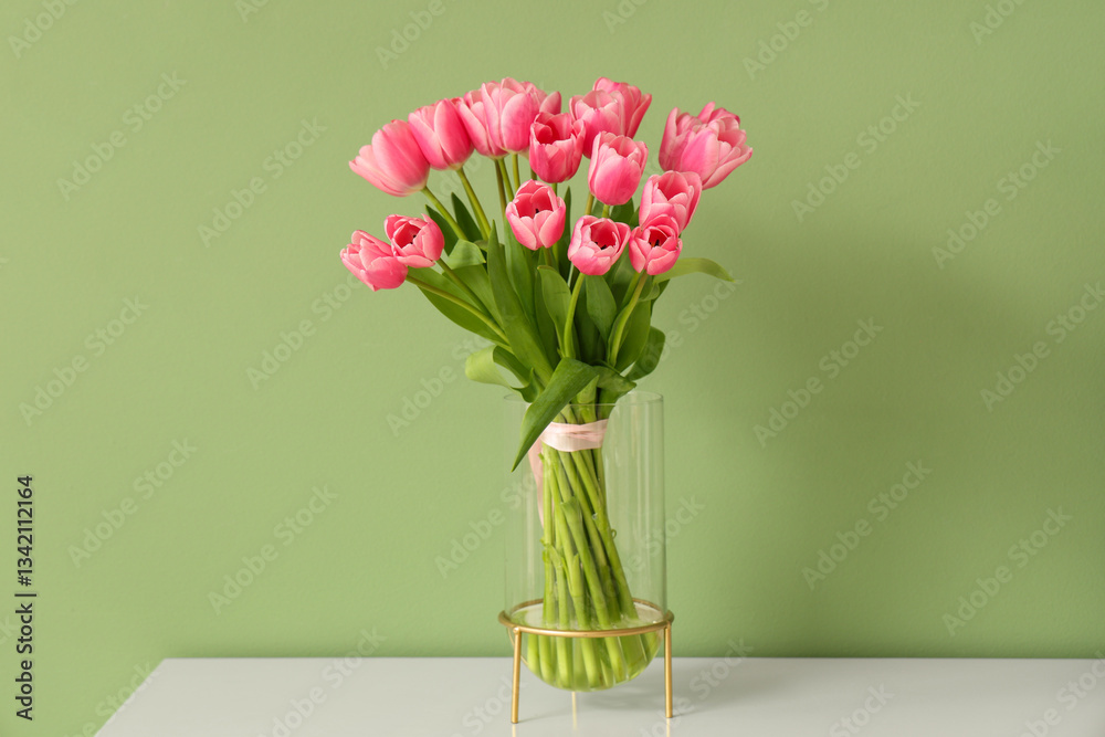 Fototapeta premium Bouquet of beautiful tulip flowers on coffee table near green wall