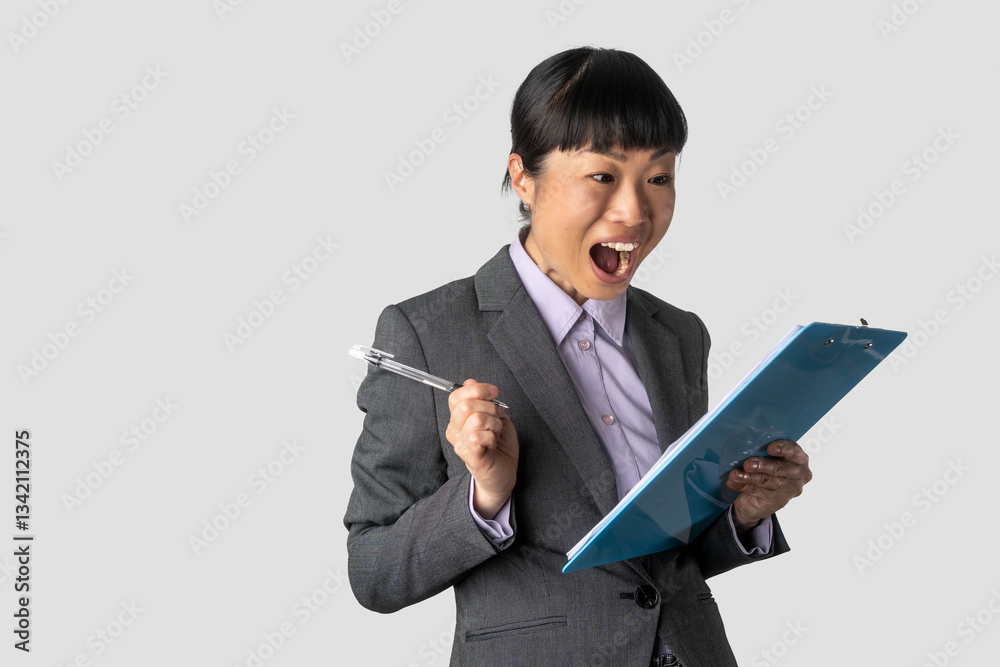 Photo of gorgeous Asian secretary woman with black hair, excitedly looking at the clipboard while writing down notes in the office, focused and engaged in her work. Photo of gorgeous Asian secretary woman with black hair, excitedly looking at the clipboard while writing down notes in the office, focused and engaged in her work.