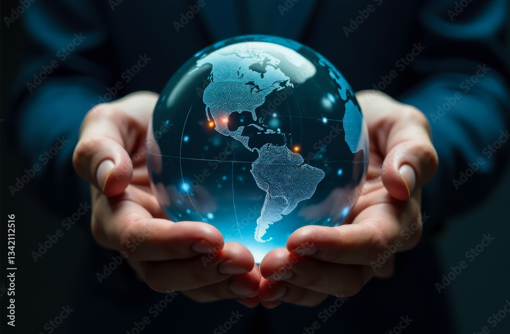 Pair of hands holding a transparent globe with digital connections and nodes superimposed over it, representing a network, global communication Pair of hands holding a transparent globe with digital connections and nodes superimposed over it, representing a network, global communication