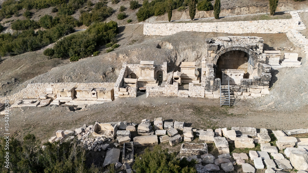 Aerial view of Kibyra ancient city. Burdur, Turkey