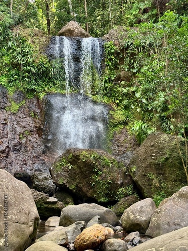 view of a waterfall in the tropical forest of Guadeloupe in the French West Indies with lush vegetation
