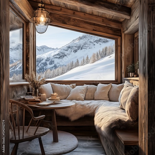 Cozy sitting area with rustic charm overlooking snowy mountains in a ski retreat