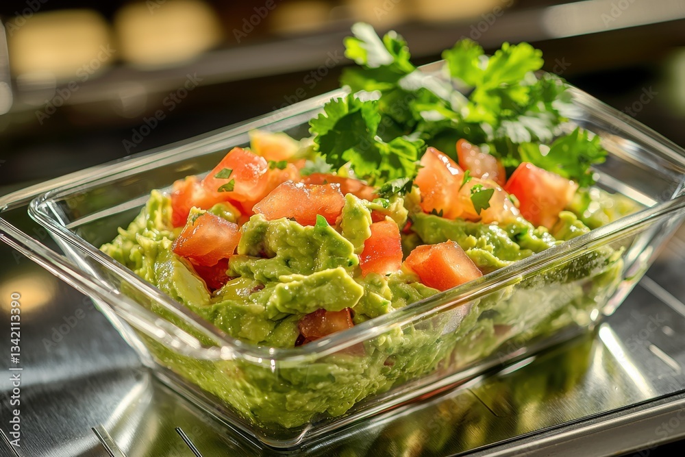 A vibrant and fresh guacamole in a glass container, topped with diced tomatoes and cilantro, showcasing a healthy and delicious snack or appetizer option with natural ingredients. A vibrant and fresh guacamole in a glass container, topped with diced tomatoes and cilantro, showcasing a healthy and delicious snack or appetizer option with natural ingredients.