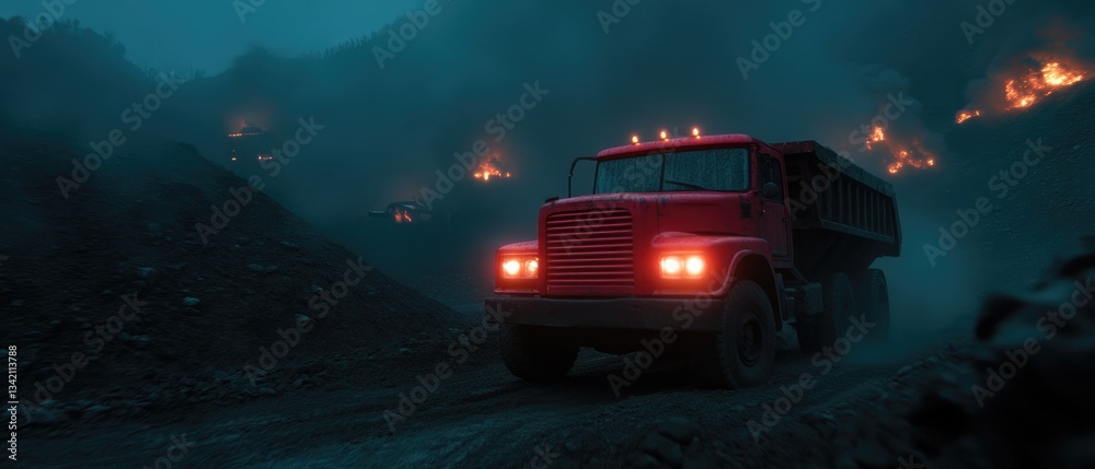 Obraz premium Red Truck Navigating Dark, Misty Road Near Burning Forest
