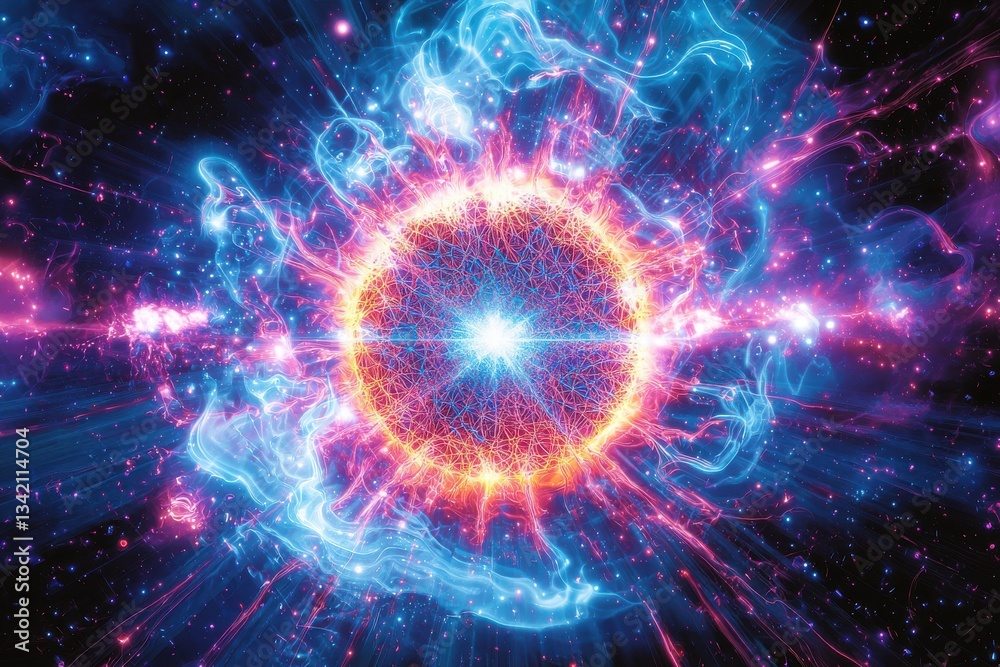 Fototapeta premium A mesmerizing cosmic illustration of a supernova explosion in outer space, with vibrant swirling nebulae and radiating energy, showcasing the beauty of the universe.