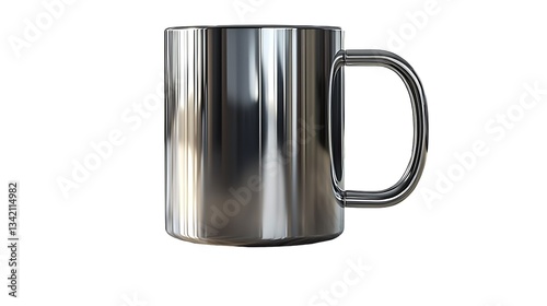 A shiny stainless steel coffee mug with minimal design, spotlighted, isolated on white background