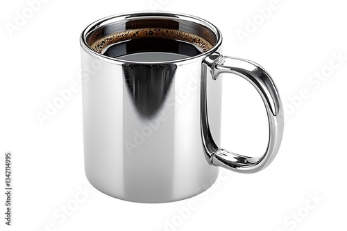 A shiny stainless steel coffee mug with a handle, isolated on white background