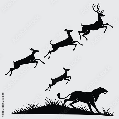 A herd of deer fleeing from a predator image silhouette design vector art and illustration