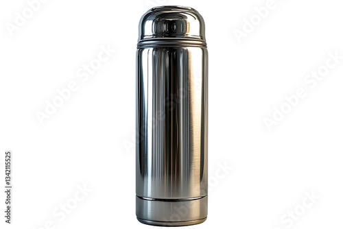 A shiny stainless steel thermos with a brushed finish, spotlighted, isolated on white background