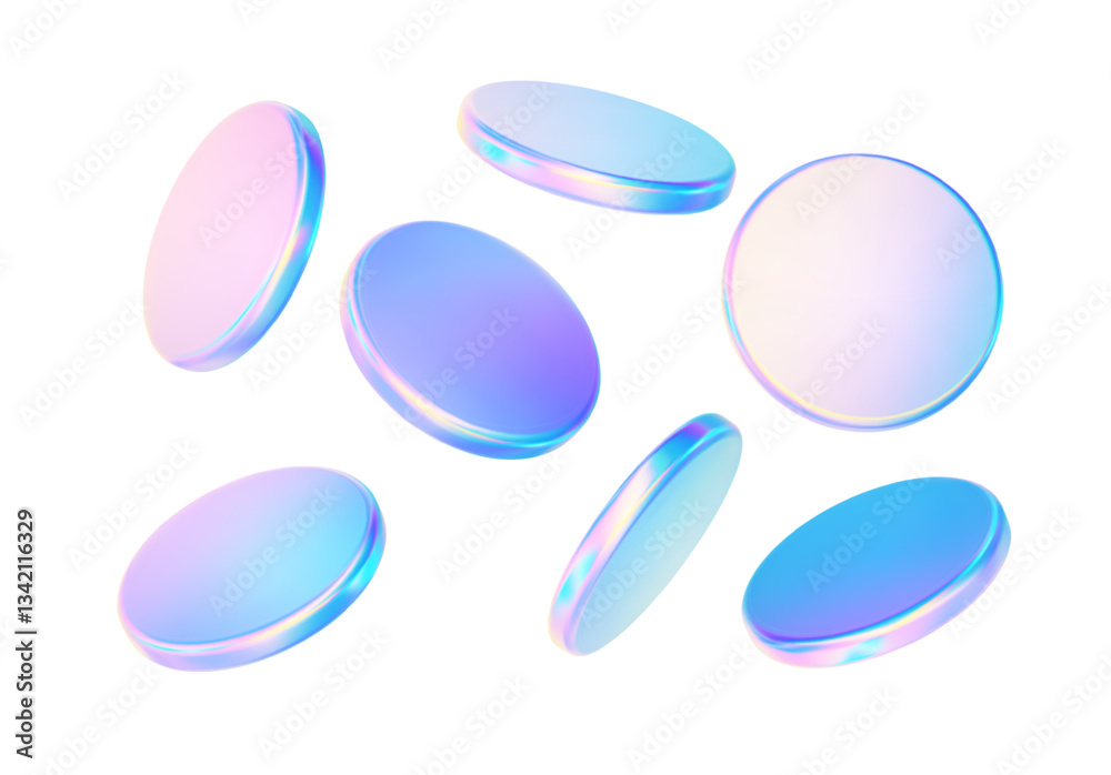 3d glass disk shape hologram effect. Render abstract neon pink blue coin set. Fly round podium, disc, badge, lens, plate crystal isolation. Y2k hologram shape. Vector trendy illustration