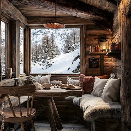 This rustic sitting area features a wooden corner bench and chairs, inviting relaxation with scenic views of snow-covered mountains and tall trees, perfect for a ski retreat.
