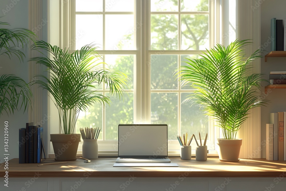 Vector creative workspace plants sketchbook pencils and small personal touches warm tones creating an inspiring environment Vector creative workspace plants sketchbook pencils and small personal touches warm tones creating an inspiring environment