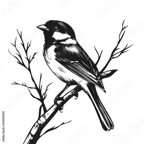 Black and white Bird Perched On Tree symbol, perfect for tattoos, vectors, logos, isolated on a white background.