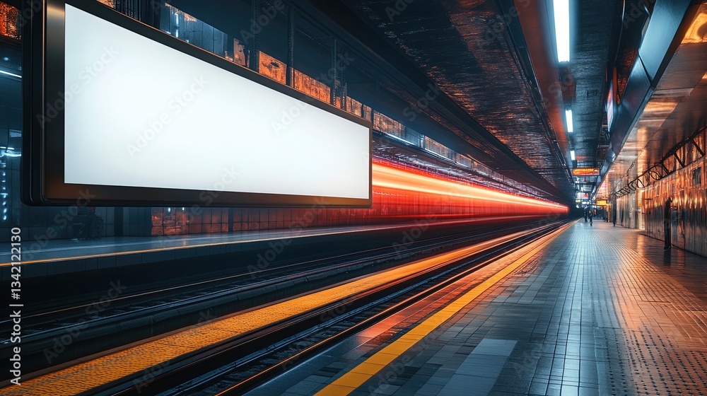 A blank billboard installed on a modern train, speeding through a futuristic city A blank billboard installed on a modern train, speeding through a futuristic city
