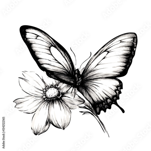 Butterfly On A Flower symbol - black and white & minimalist design for tattoos, logos, vectors - isolated on white background.