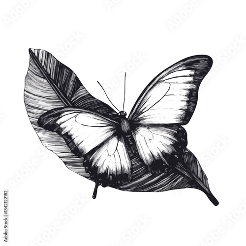 Butterfly On A Leaf symbol - minimalist black and white vector art - perfect for tattoos, logos - isolated on white