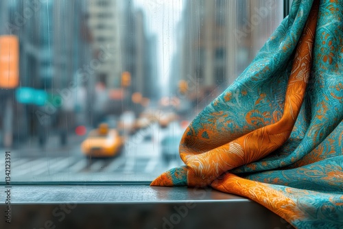 A patterned scarf rests on a window sill, blurring the rainy city view with yellow cabs, buildings, and overcast sky, creating a cozy and nostalgic ambiance inside.