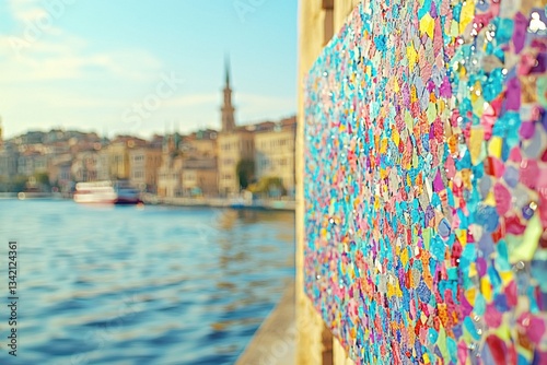 A vibrant mosaic wall in Venice, Italy, with a scenic view of the Grand Canal, offering a colorful urban art scene, showcasing its beauty and charm.