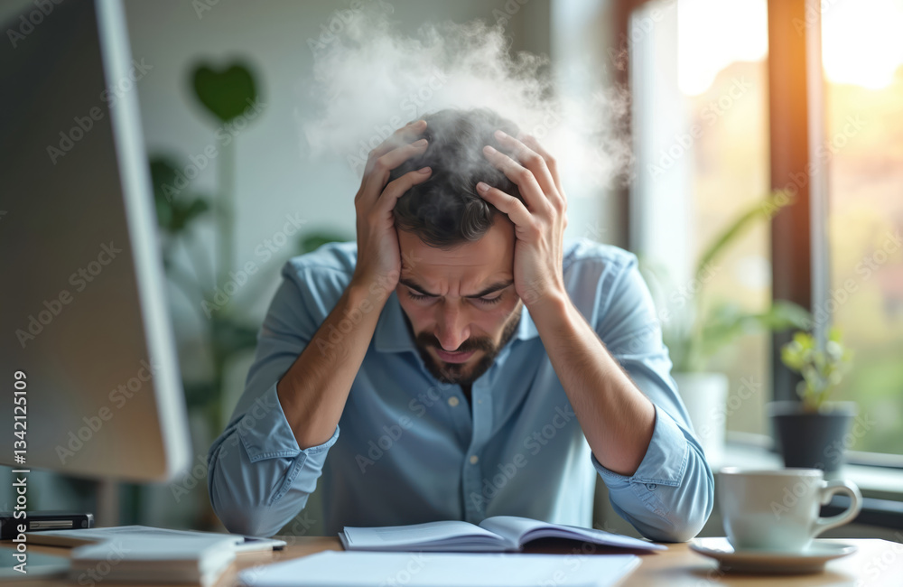 Overwhelmed man at desk with steam above head. Frustrated person feels stress, exhaustion, burnout from office work. Anxious adult pro copes with pressure, challenges, difficulty, crisis at Overwhelmed man at desk with steam above head. Frustrated person feels stress, exhaustion, burnout from office work. Anxious adult pro copes with pressure, challenges, difficulty, crisis at