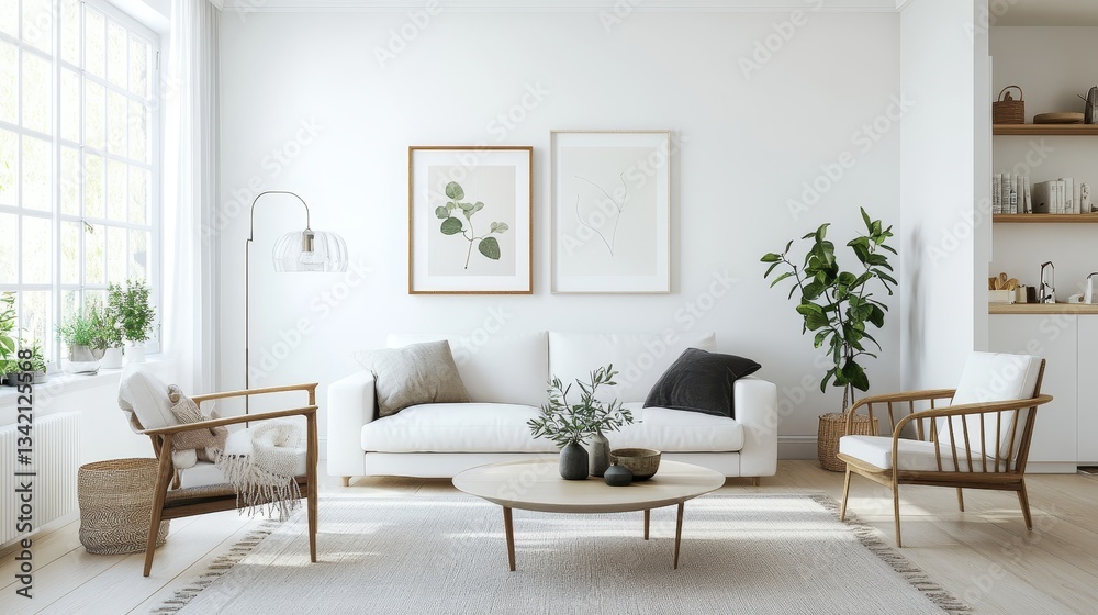 Fototapeta premium A simple, modern living room. White walls and a minimalist Scandinavian style.
