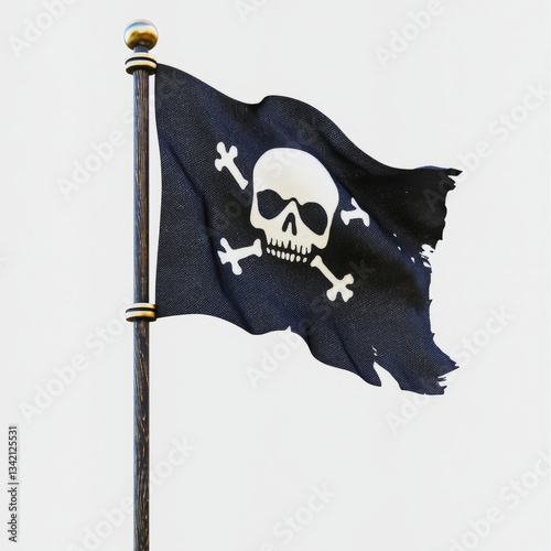 Pirate Flag Icon in 3D, Black and White, White Background.