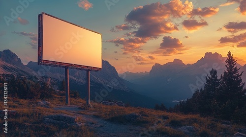 A blank billboard at the base of a majestic mountain range during sunrise 