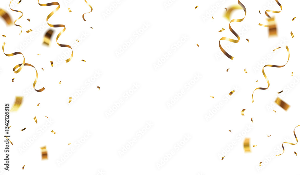 Fototapeta premium Decorative vector illustration border with falling shiny gold confetti on the sides isolated on white background