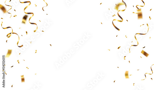Decorative vector illustration border with falling shiny gold confetti on the sides isolated on white background