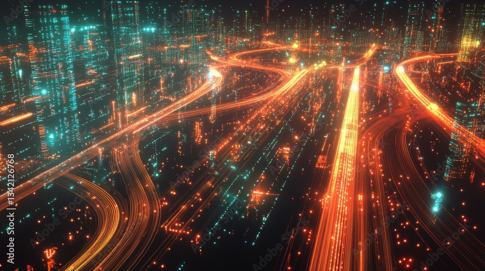 Obraz premium A smart city's interconnectedness is shown with flowing lines and dots, representing the vast network of data technology.
