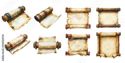 Collection of Watercolor Paintings of Antique Scrolls and Parchments isolated with Transparent Background