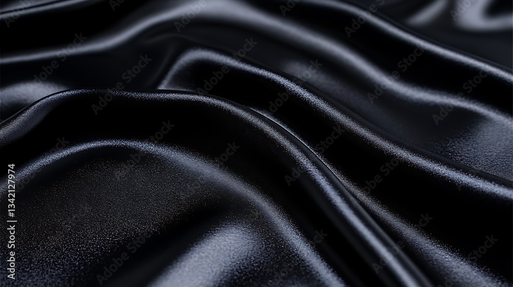 Close up view of rippling black satin fabric details Close up view of rippling black satin fabric details