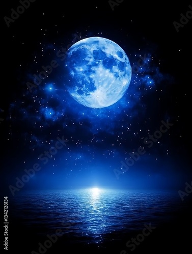 A bright blue moon shines above dark water at night