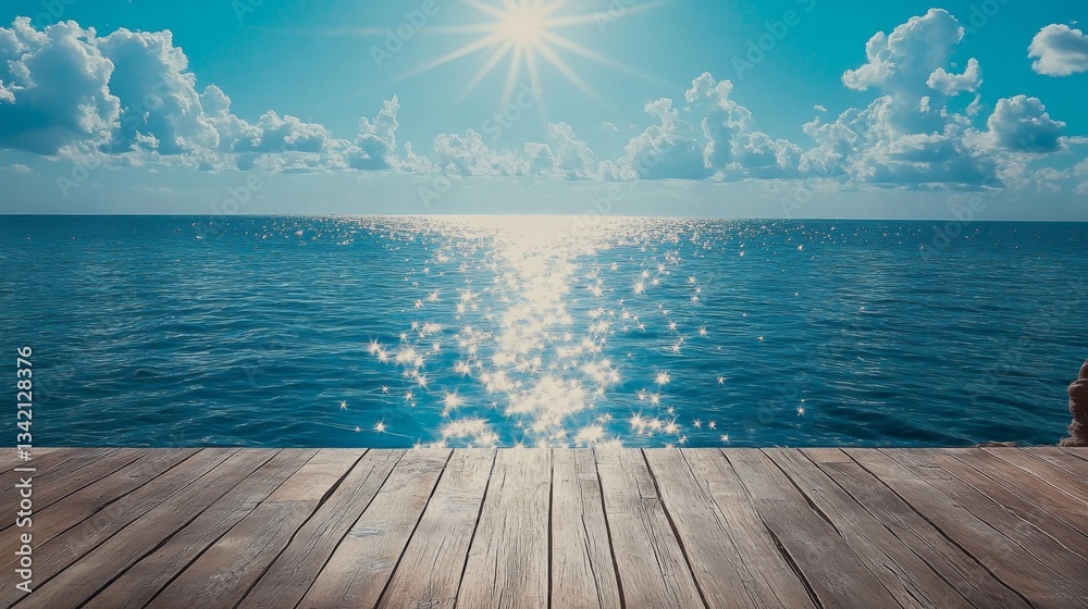 Fototapeta premium Bright Sunny Ocean View from Wooden Dock