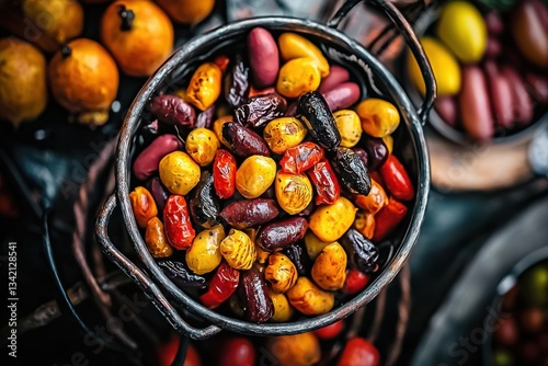 A rustic bucket overflowing with colorful Bolivian chuño potatoes, showcasing a vibrant array of traditional Andean produce for culinary inspiration and cultural richness. photo