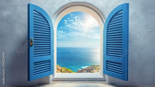An exceptional transformation of a marvelous sight of a mediterranean-style arched window with blue wooden shutters, open to reveal a scenic 