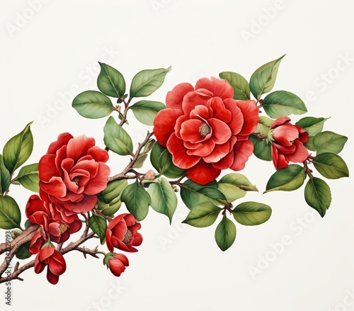 Elegant Red Camellia Flowers with Green Leaves on a White Background

