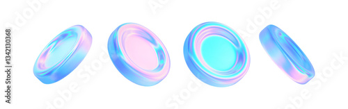 3d hologram coins icon set. Render glass money holographic effect. Pink blue gradient neon crypto coin flying. Business, casino, bank, game design element. Vector y2k illustration.