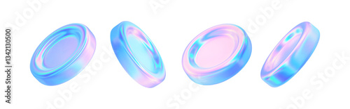 3d hologram coins icon set. Render glass money holographic effect. Pink blue gradient neon crypto coin flying. Business, casino, bank, game design element. Vector y2k illustration.