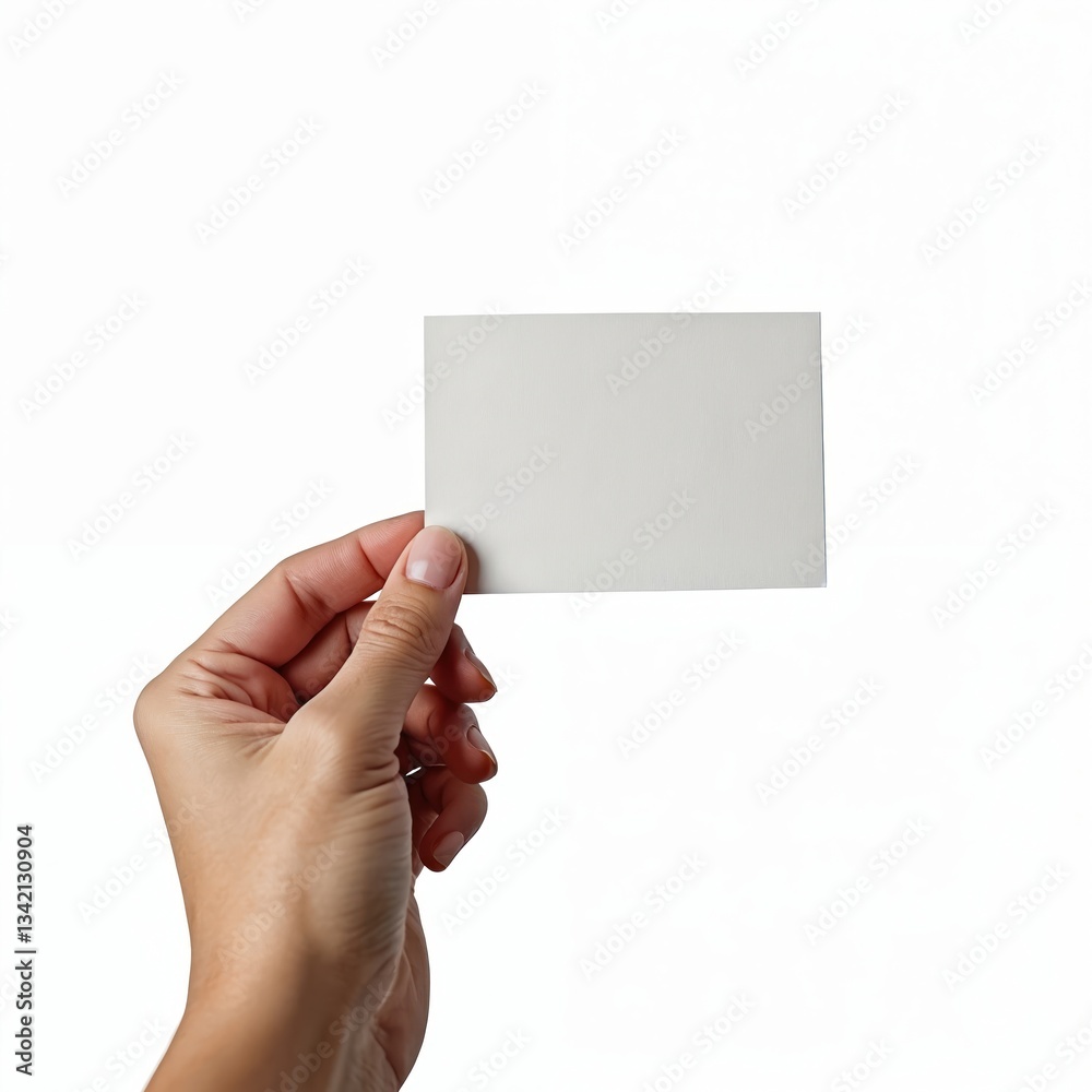 Hand holds blank white paper card mockup on isolated background. Woman shows empty postcard, flyer with manicure. Template for invitation, poster, promotion. Display your brand or text. Hand holds blank white paper card mockup on isolated background. Woman shows empty postcard, flyer with manicure. Template for invitation, poster, promotion. Display your brand or text.