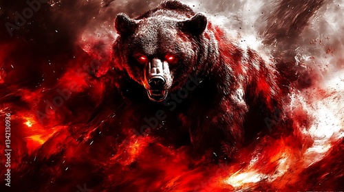 A menacing bear with red eyes emerging from fiery surroundings
