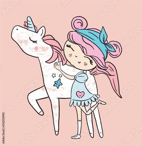 unicorn and girl illustration for print