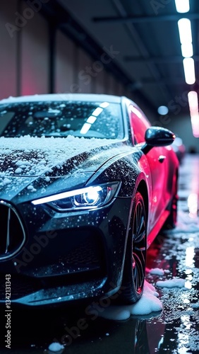 modern stylish black car in foam on a car wash on dark black background with neon bright pink lights. car care banner with place for text minimalism. no people. self-service car wash. vertical photo.